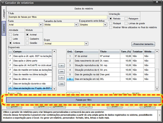 Configuração das Faixas por Filtro Configuração das Faixas por Filtro