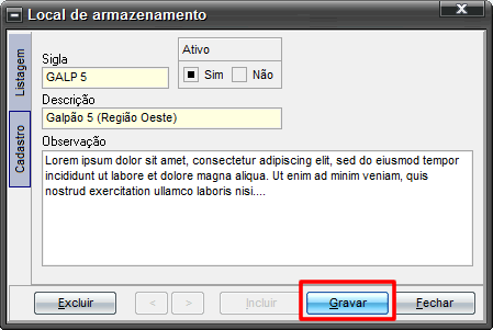 Inclus&atilde;o de local de armazenamento