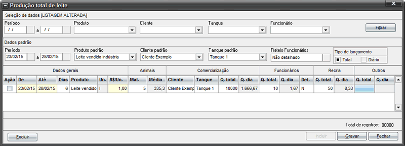 Exemplo da Tela 'Produção total de leite'