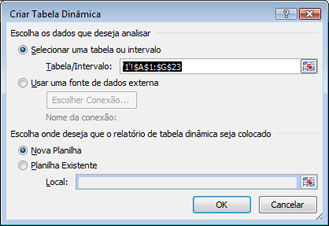 Janela de criação da tabela Janela de criação da tabela